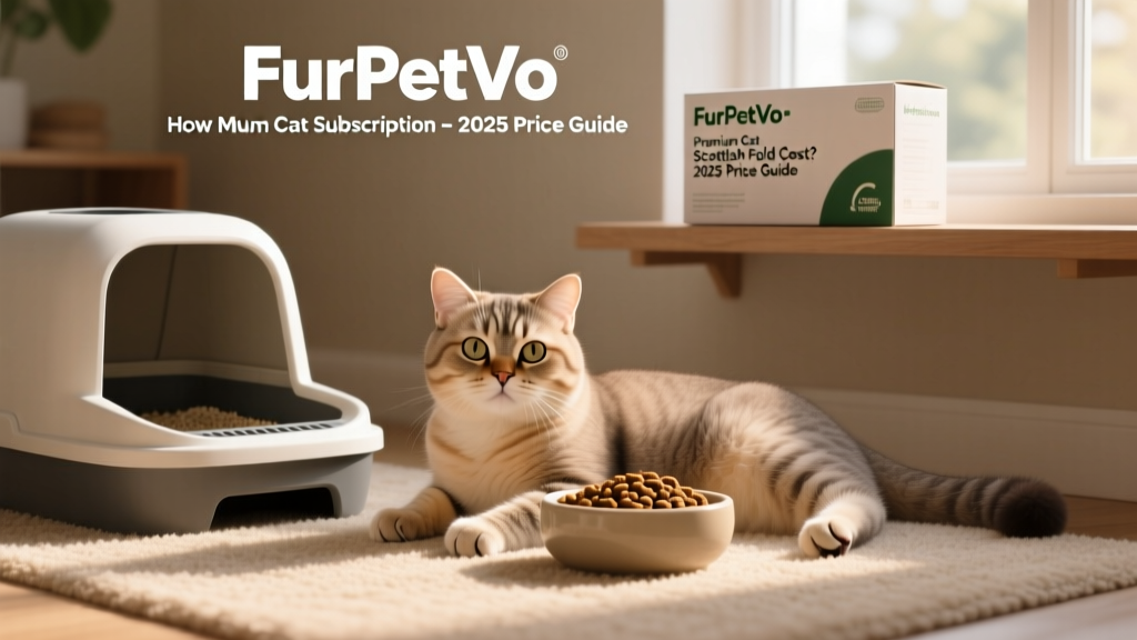 A Scottish Fold lounging beside a modern, low-dust litter box and a bowl of premium kibble, with a FurPetVo-branded subscription box visible in the background