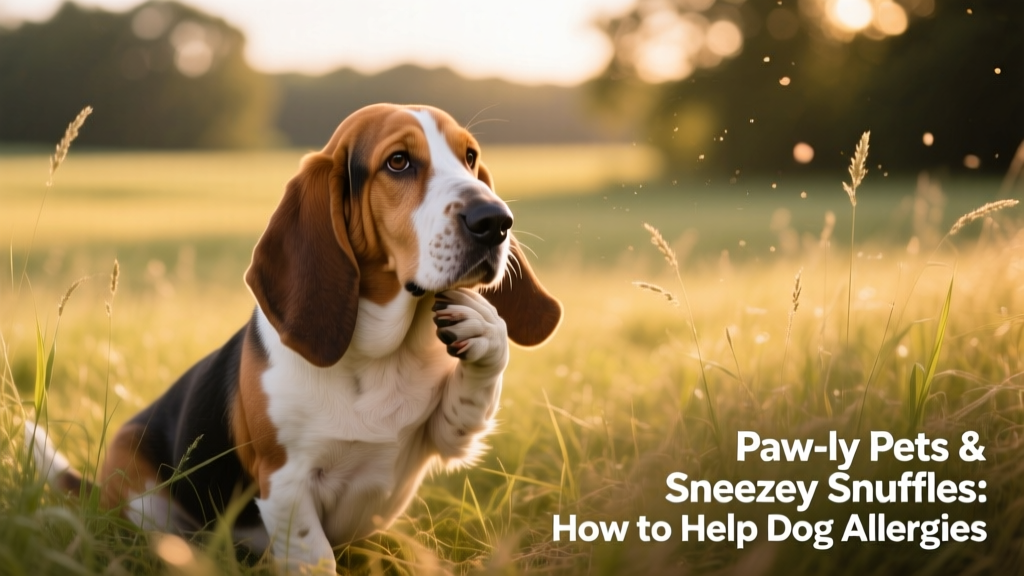 a basset hound sitting in tall grass, scratching its face with a back paw