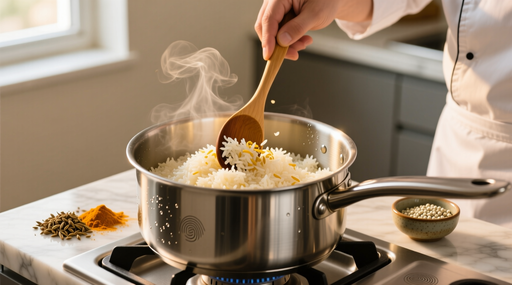 Chef seasoning rice in stainless steel pot