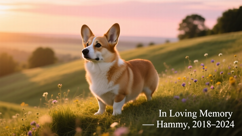 Hammy corgi standing proudly on a grassy hill, ears perked, bathed in golden-hour light