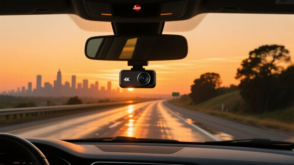 Sleek 4K dash cam mounted on a windshield, capturing a vibrant sunset highway drive with crisp, high-contrast details.