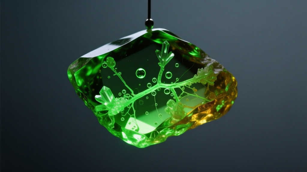 Raw Baltic amber piece glowing bright fluorescent green under a UV blacklight against dark slate for authenticity testing