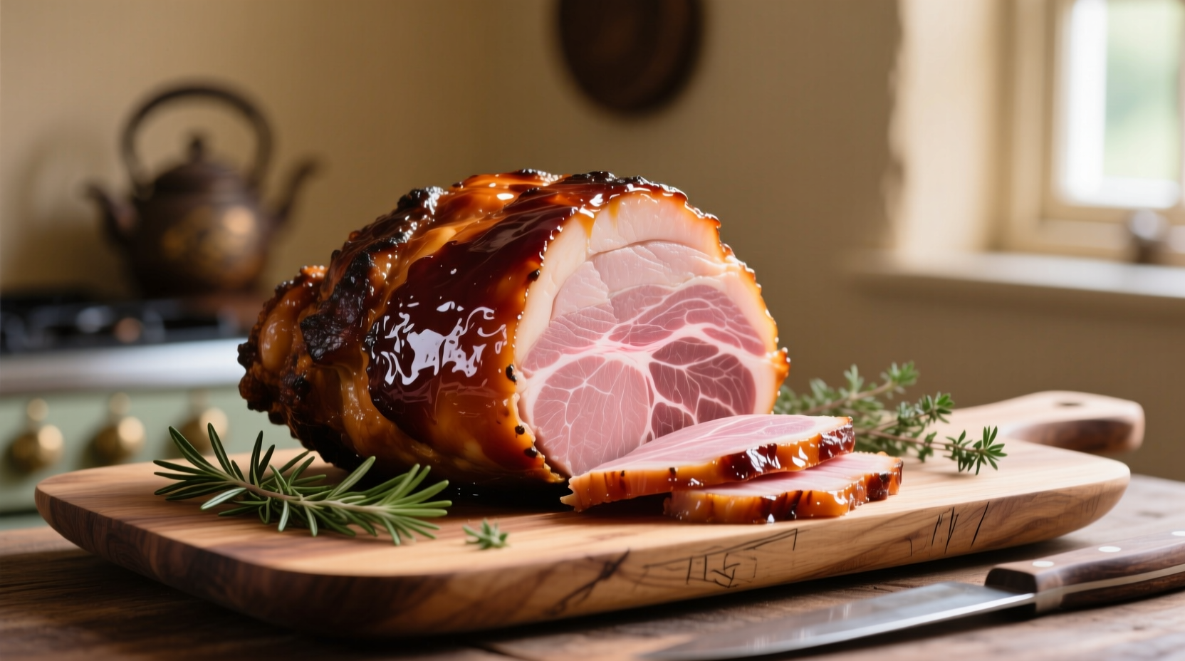 Perfectly glazed Smithfield ham on serving platter