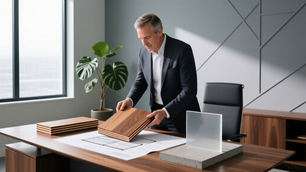 Professional building materials consultant reviewing architectural blueprints and physical samples of cross-laminated timber and low-carbon concrete on a modern office desk