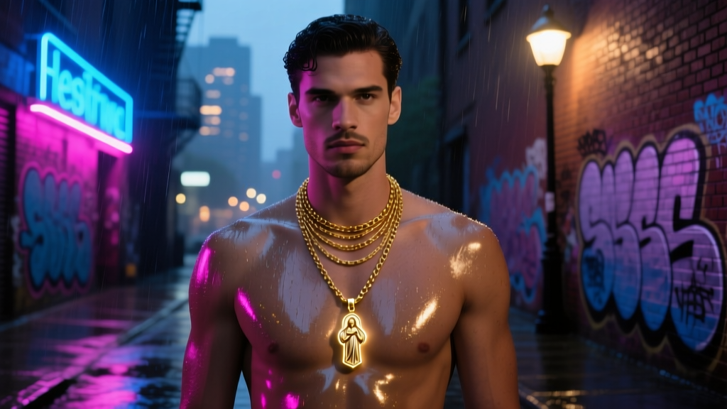 Man wearing a layered gold necklace stack with a saint jude pendant, illuminated by soft neon reflections in an urban setting.