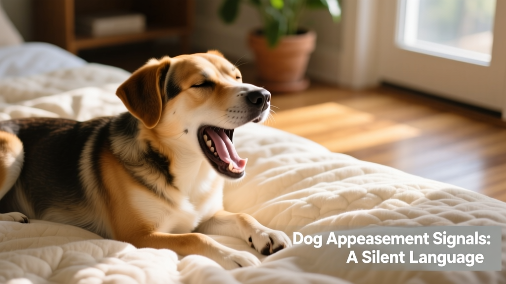 Close-up of a dog gently yawning while lying on a soft bed, eyes relaxed and ears neutral