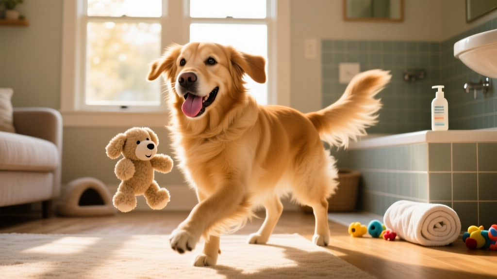 A happy dog mid-play with a soft toy, tongue out and tail wagging