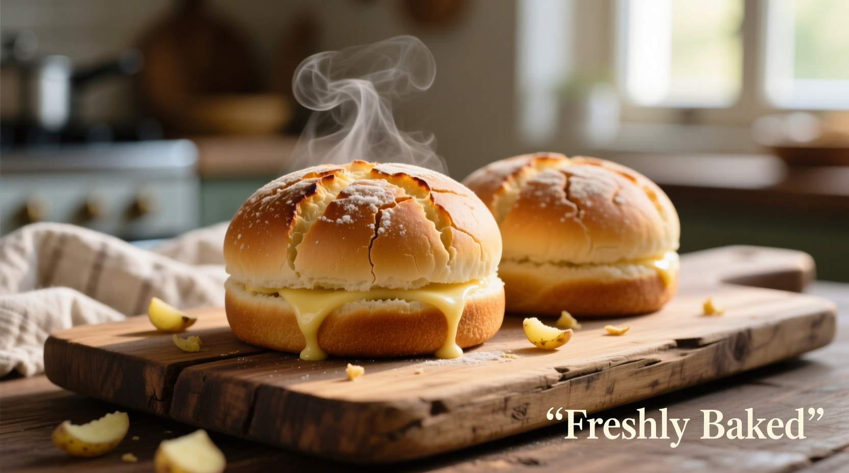 Freshly baked potato burger buns on a wooden board