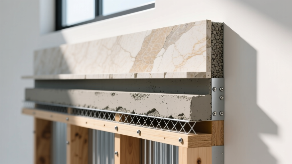 Cross-section diagram showing manufactured veneer stone thickness, mortar scratch coat, and metal lath attached to wood framing