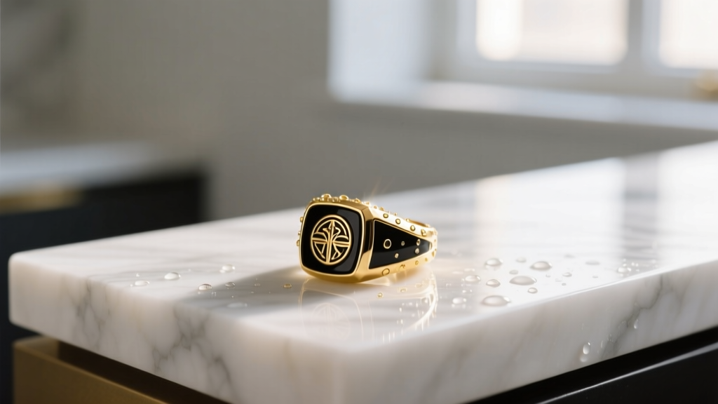 Gold vermeil and black enamel signet ring resting on a marble counter, showing ambient moisture exposure and soft morning light
