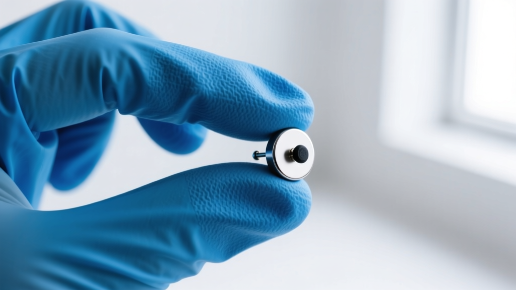 Macro shot of a textured blue nitrile glove holding a small rubber grip pad against the flat disc of a stuck labret stud earring.