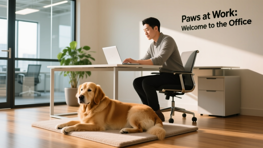 A calm, well-behaved dog resting quietly beside an employee’s desk in a modern office setting