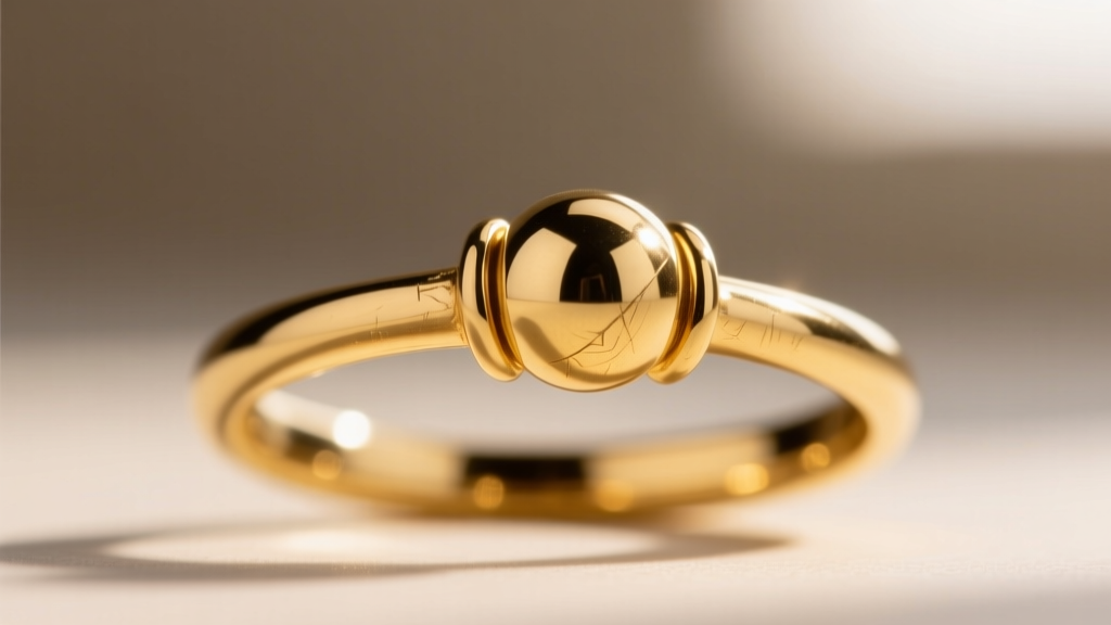 Macro photo of a 14k gold captive bead ring with a 5mm ball, showing the tension fit against a softly blurred neutral background