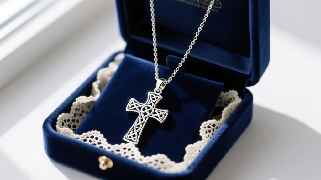 Navy blue velvet jewelry box open to reveal a small sterling silver Celtic cross pendant on a 14-inch chain, resting on lace