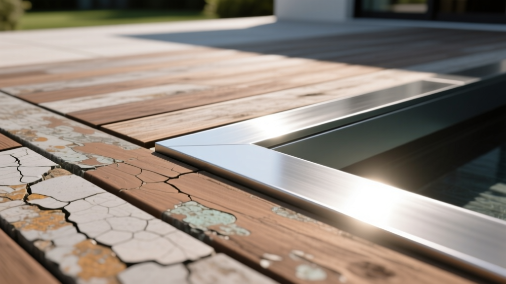 Close-up of weathered mineral-based composite deck boards next to pristine aluminum decking framing under bright sunlight