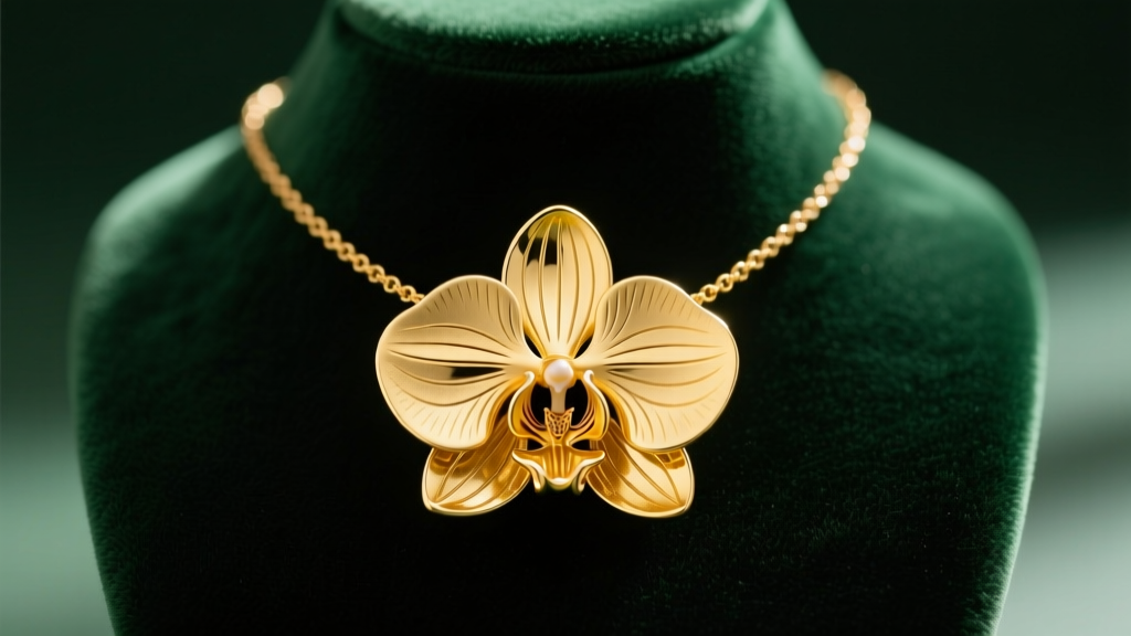 Close-up of a solid 14k yellow gold orchid necklace resting on a dark green velvet jewelry display bust under warm studio lighting.