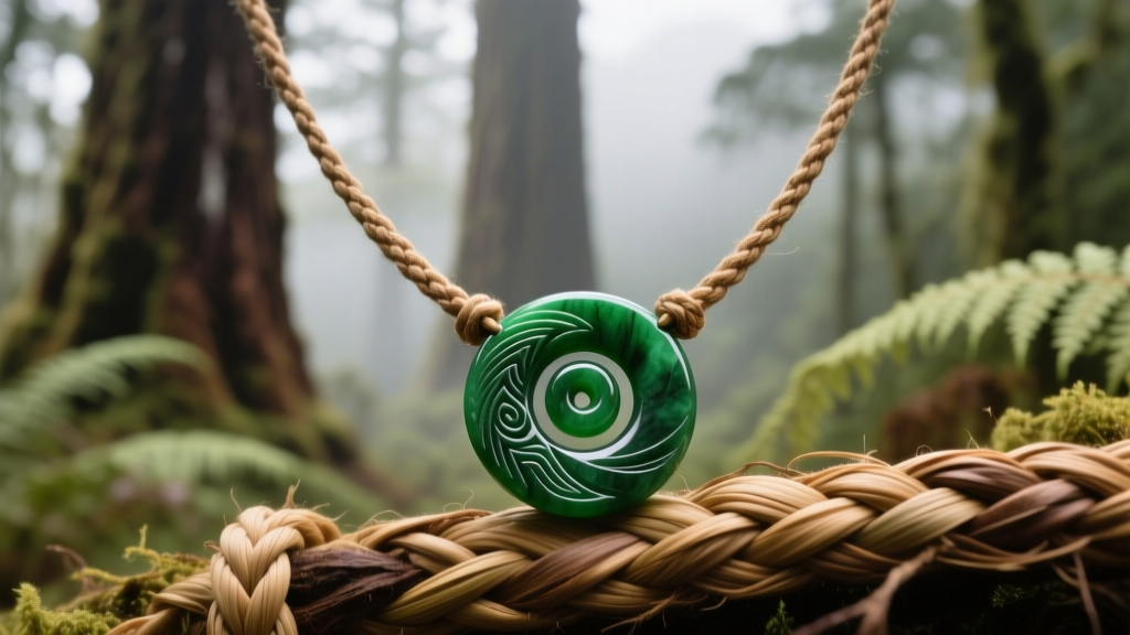 Hand-carved pounamu Maori necklace with a Koru spiral resting on woven flax cord against a softly blurred native bush backdrop.