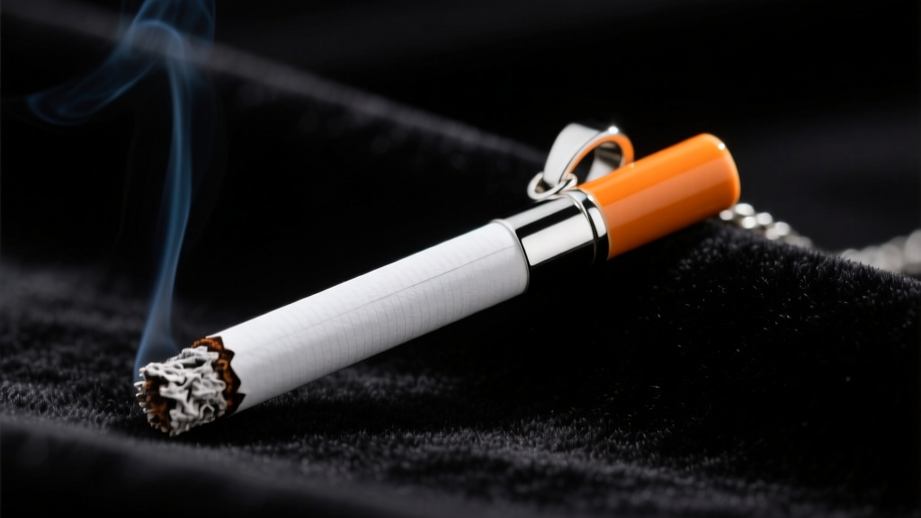 Silver cigarette pendant on dark velvet, showing an orange enamel filter and textured ash tip under moody cinematic lighting.