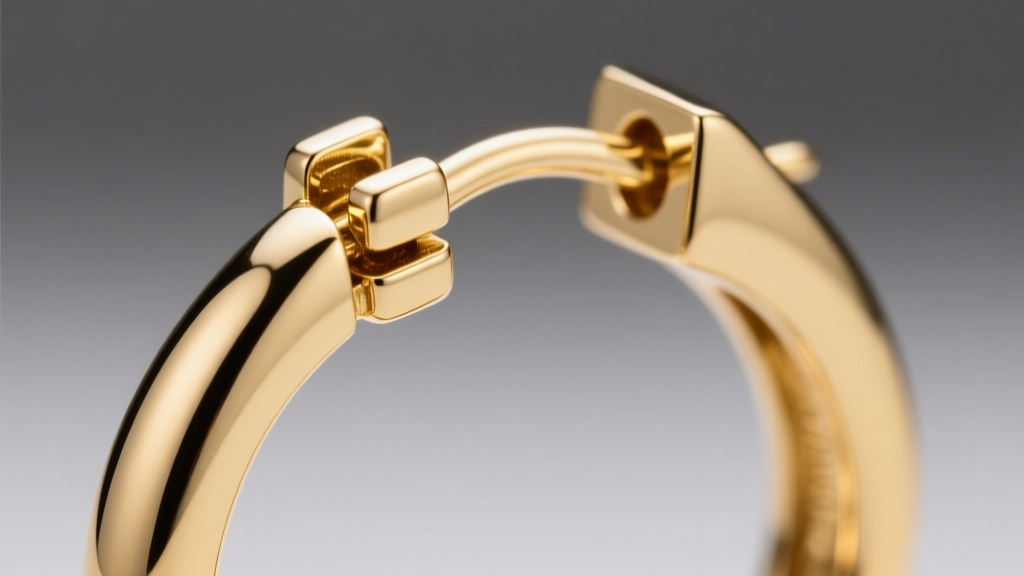 Macro shot of a hinged segment ring closure on a 14k gold metal hoop earring, revealing the precise interlocking metal latch joint.
