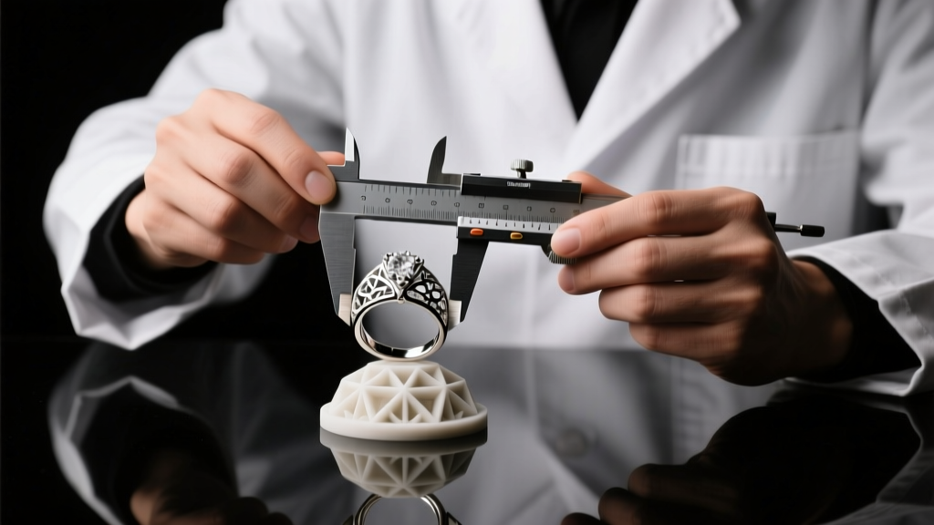 Jeweler using precision calipers to measure a 3D printed wax model of a bespoke platinum ring setting under bright studio lights
