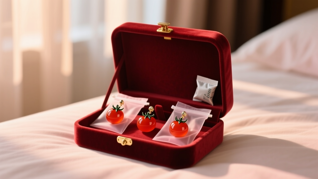 Velvet box showing resin tomato earrings in anti-tarnish pouches with silica gel, illuminated by warm ambient bedroom light