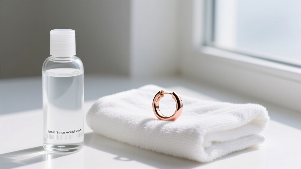 Glass bottle of sterile saline wound wash sitting next to a delicate rose gold seamless clicker hoop earring on a clean white towel