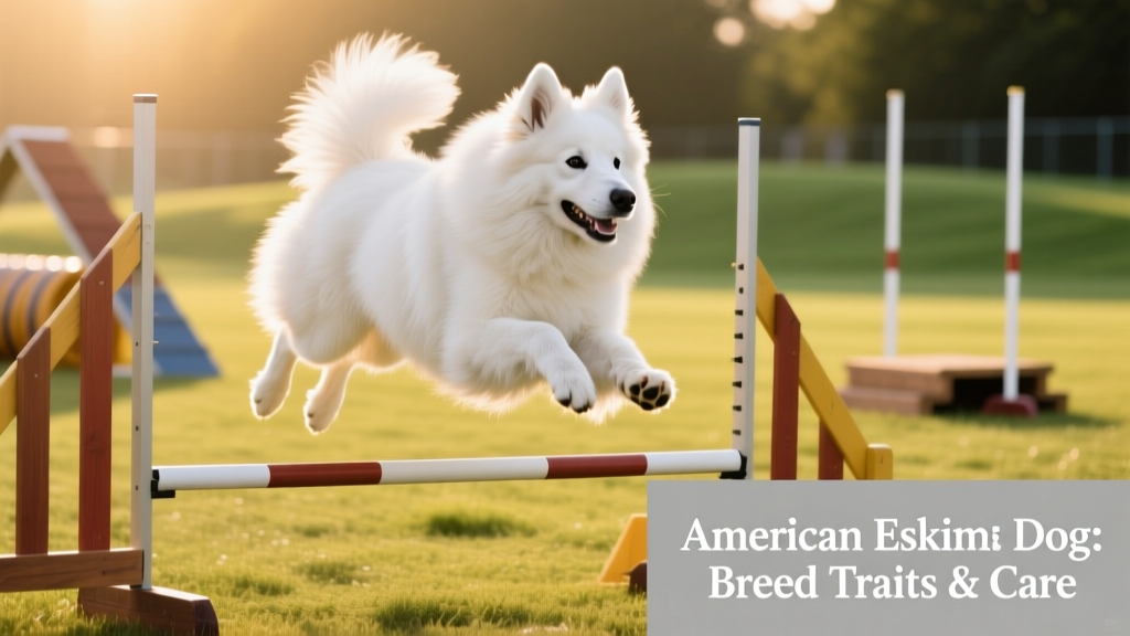 An American Eskimo dog mid-activity during an agility course, leaping over a low jump with focused expression