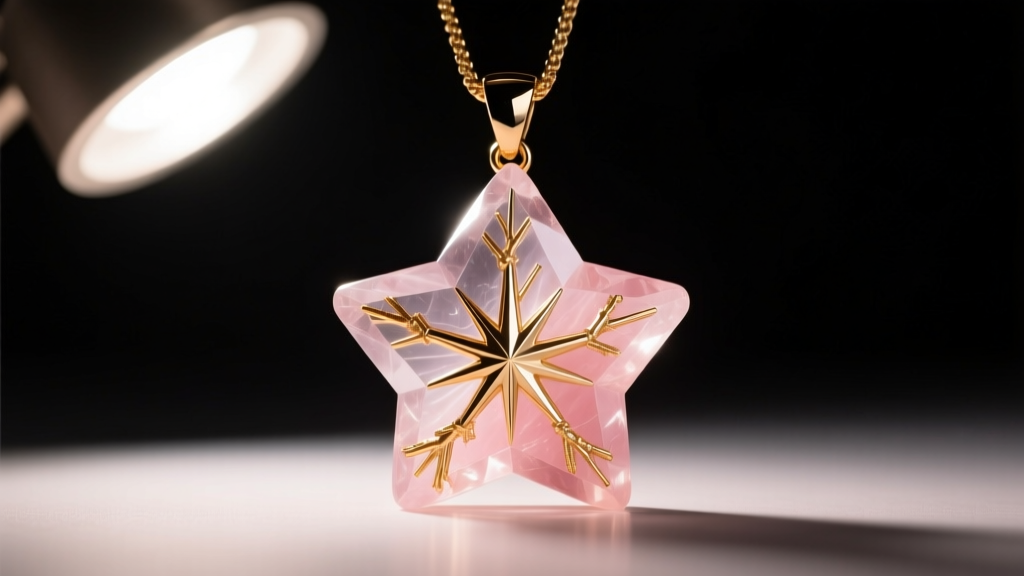 Macro shot of a star rose quartz pendant highlighting rutile inclusions inside the translucent stone under a bright desk lamp