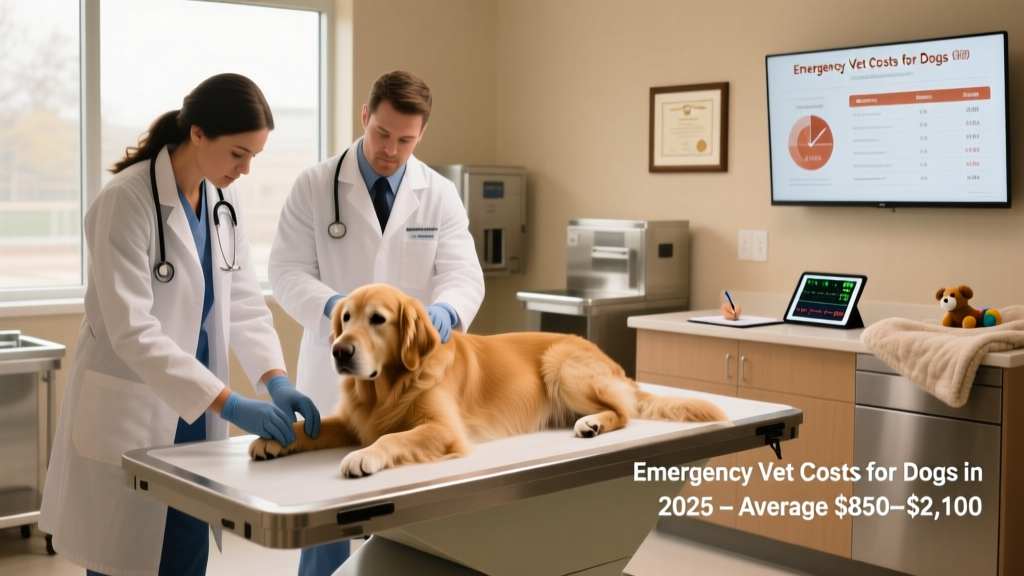 A calm, professional emergency veterinary team assessing a dog in a well-lit exam room