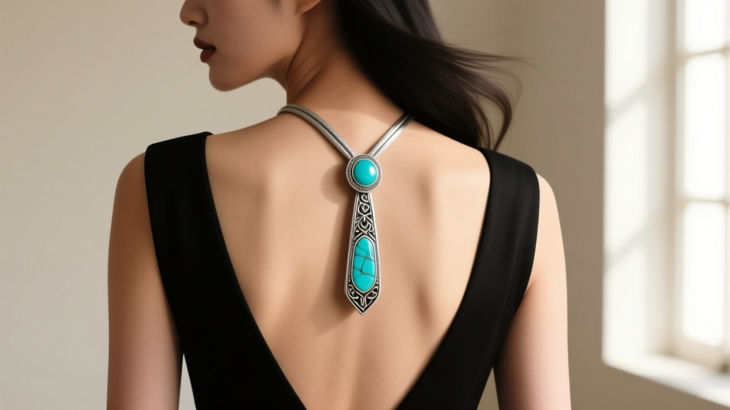 Silver bolo tie worn backwards over a backless black dress, ornate turquoise slide resting elegantly on the skin of her spine.