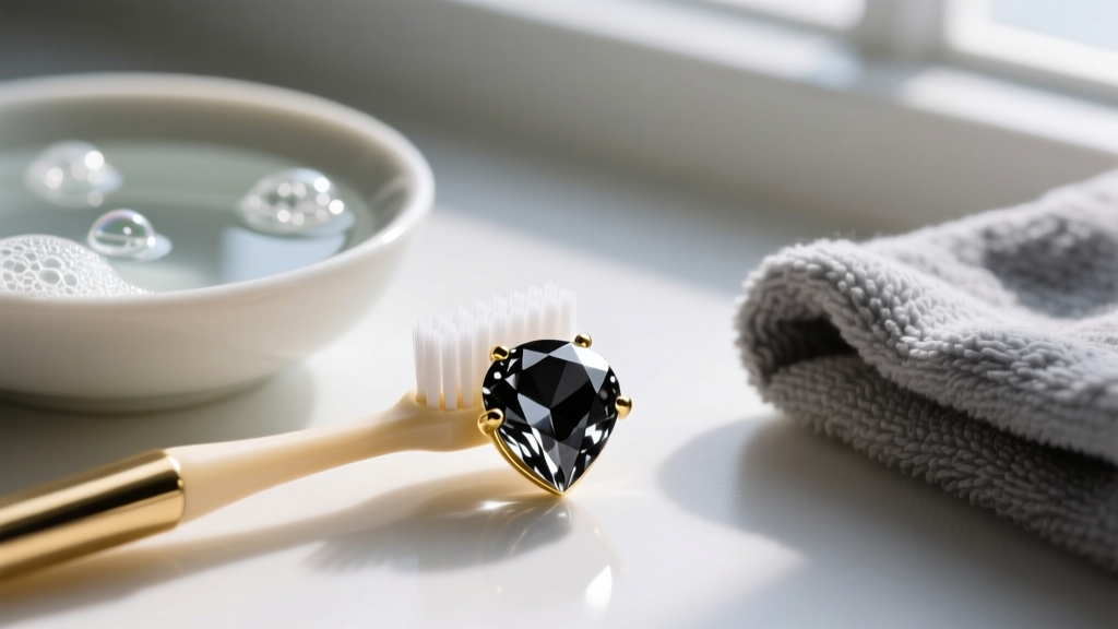Soft baby toothbrush cleaning a black diamond in a gold bezel, beside soapy distilled water and a folded gray microfiber cloth.