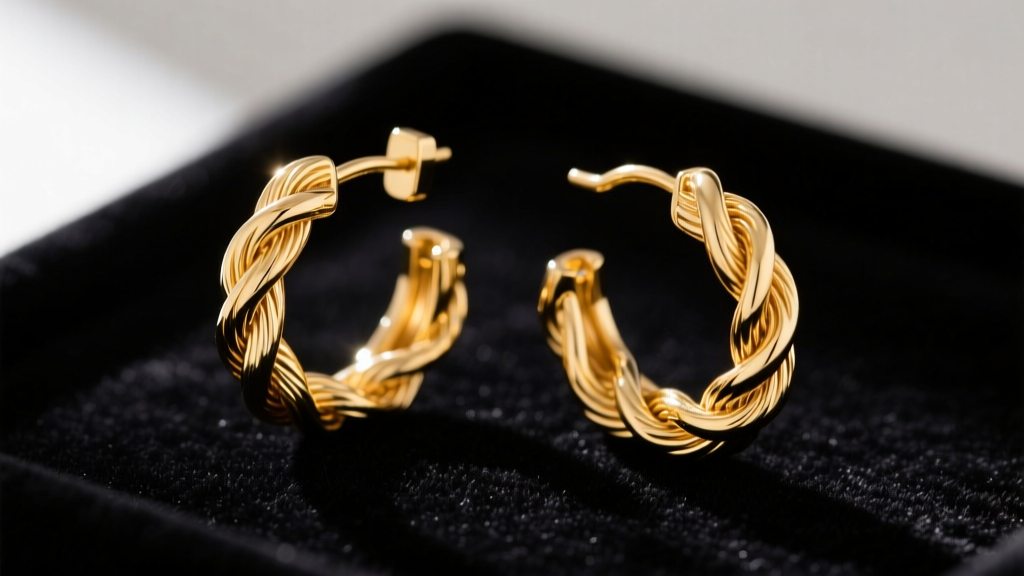 Close-up of 18k gold Charriol twisted cable hoop earrings on dark velvet, showing the intricate torsade metal texture.
