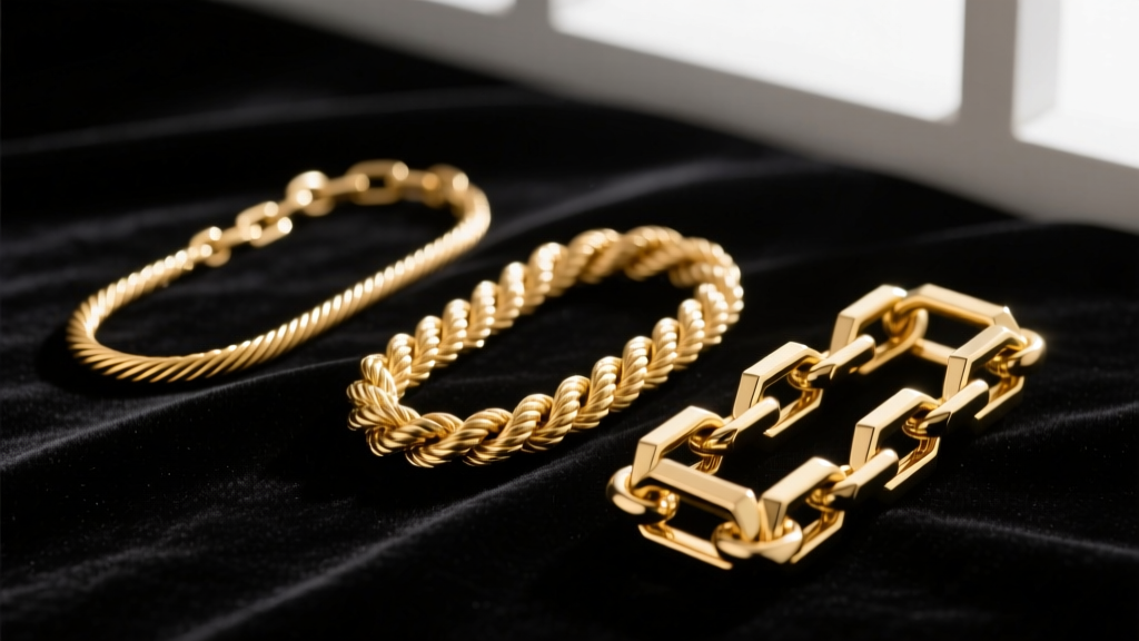 Macro shot comparing three gold chains: a thin cable chain, a textured rope chain, and a geometric box chain on dark black velvet.