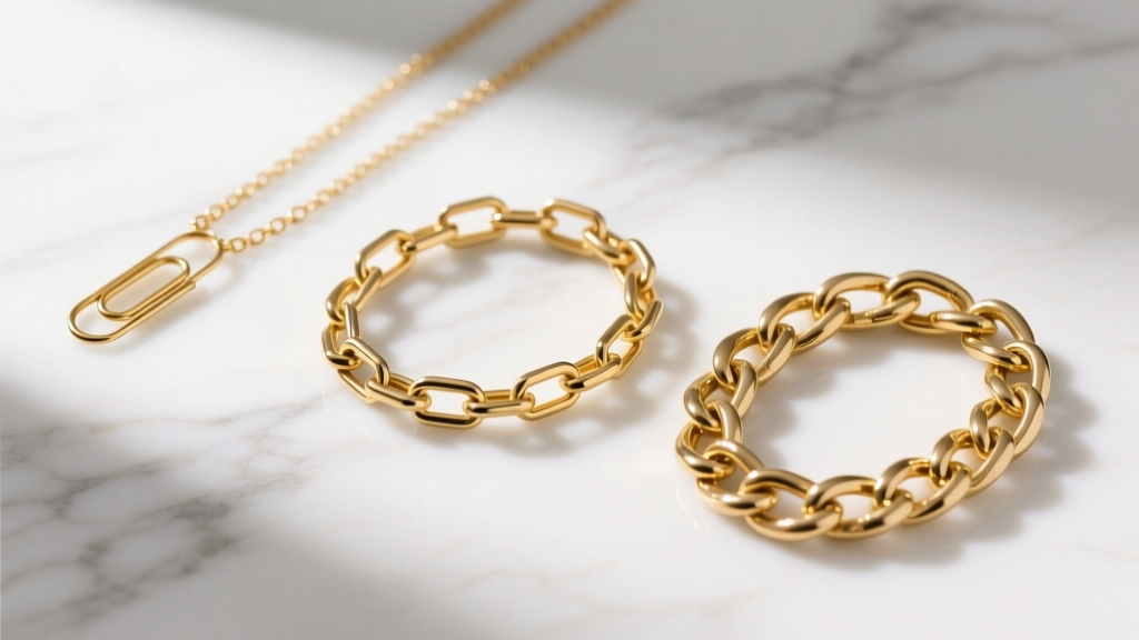 Flat lay of three gold chains including paperclip and box chains arranged on a white marble surface under soft studio lighting