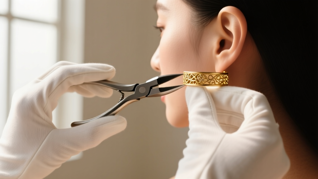 Hands wearing white cotton gloves using nylon-jaw jewelry pliers to gently adjust the tension of a delicate gold wrap ear cuff.
