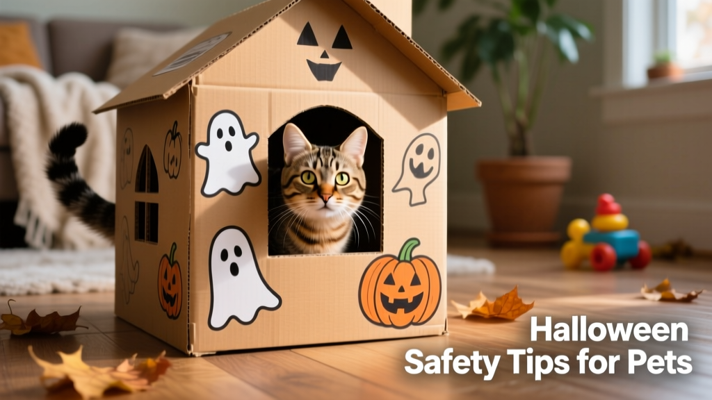 A cat exploring a cardboard box 'haunted house' with cut-out windows and gentle lighting