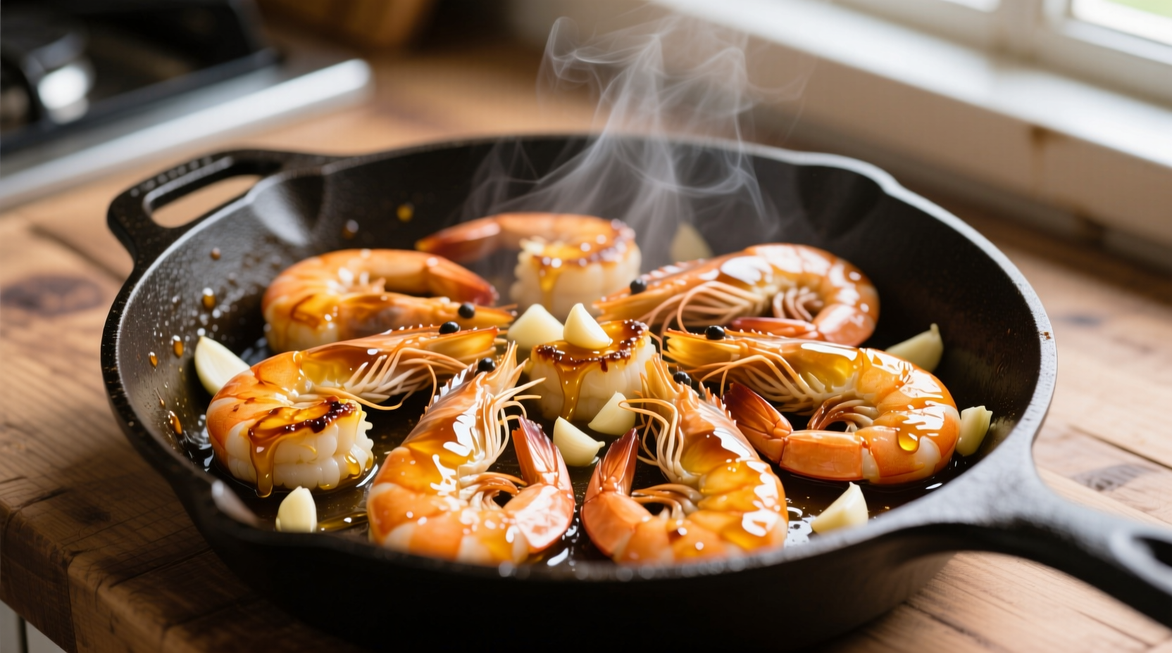 Perfectly cooked garlic honey shrimp in skillet