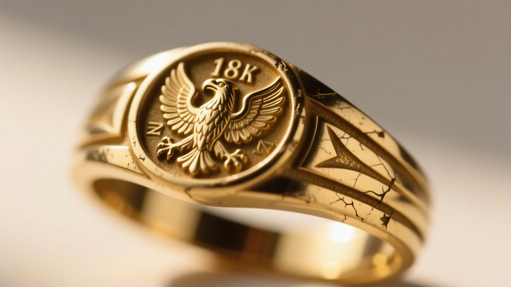 Extreme close-up of a worn 18k gold French eagle head hallmark stamped on the inner shank of a vintage ring, sharp macro focus.