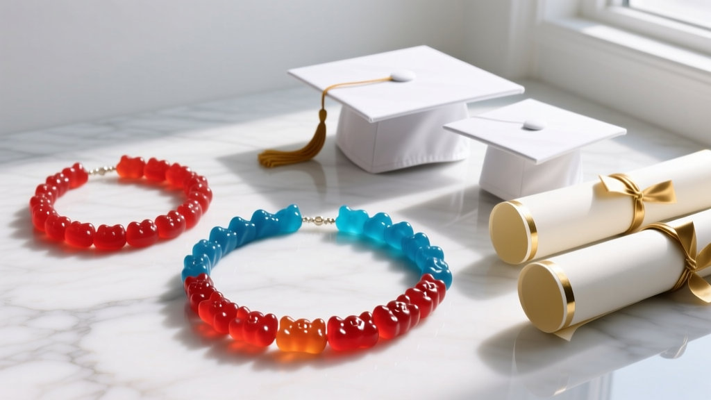 Overhead flat-lay of red and blue gummy bear candy necklaces laid on a marble surface next to graduation caps and rolled diplomas