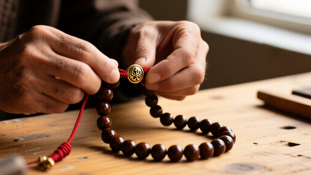 Close-up of hands stringing dark brown Rudraksha beads onto maroon silk cord, with a brass guru bead on a wooden workbench.