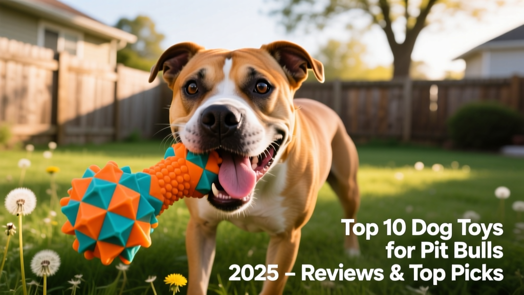 A Pit Bull happily chewing a bright, textured rubber toy outdoors