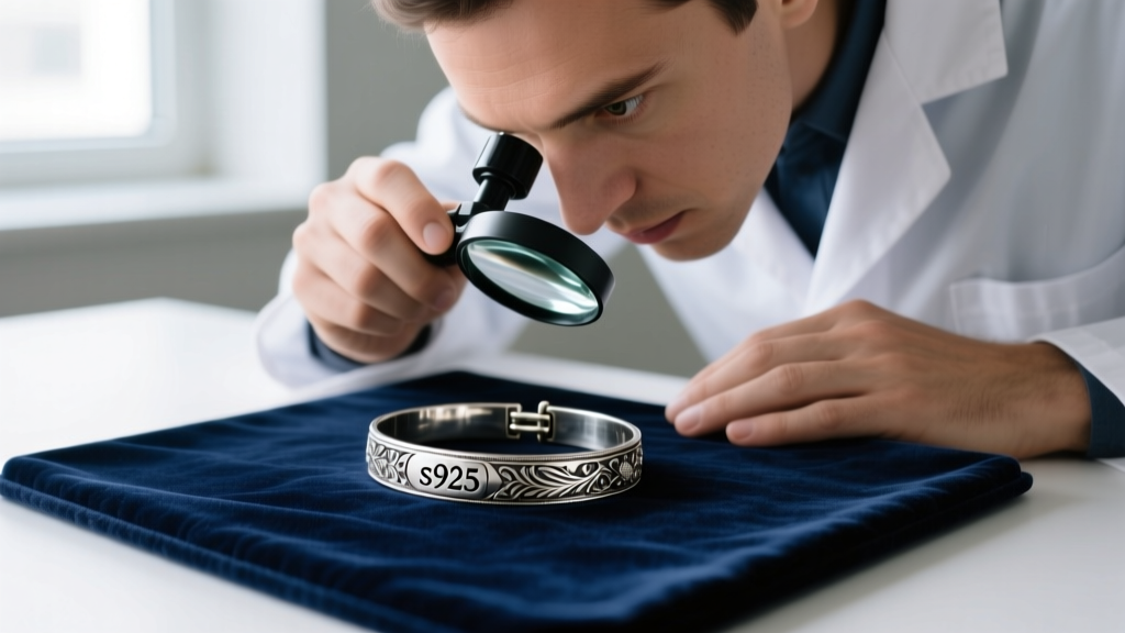 Jeweler using a 10x loupe to inspect the depth of an s925 stamp on a vintage silver bracelet clasp resting on a dark velvet mat.