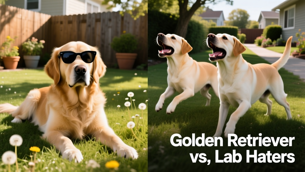 Side-by-side comparison: a calm, relaxed Golden Retriever versus two alert, barking Labrador Retrievers
