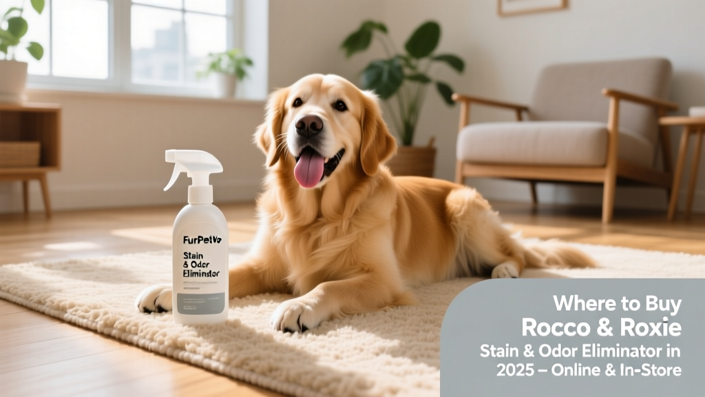 Bottle of FurPetVo Stain & Odor Eliminator next to a clean rug and happy dog
