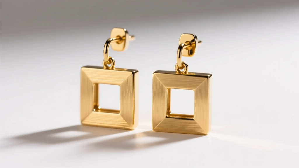 Close-up of 18k yellow gold square dangle earrings with a brushed matte finish under warm, directional studio lighting.