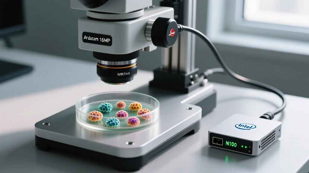 Digital microscopy rig featuring an Arducam 16MP module focused on a petri dish, tethered to an Intel N100 mini PC running OpenCV