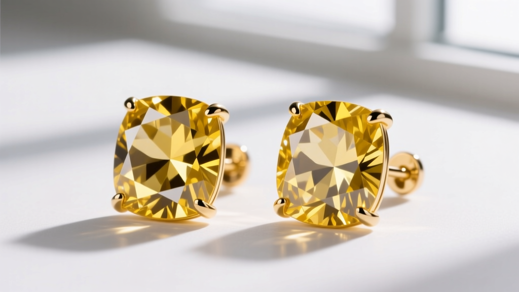 Side-by-side view of lab-grown and natural yellow diamond earrings, showing identical facets, vivid color, and 18k gold settings