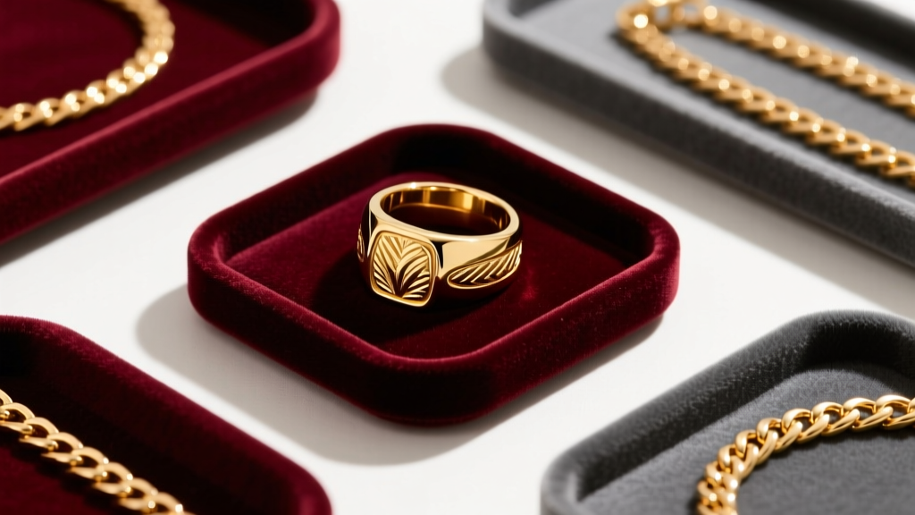 Overhead view of velvet wholesale trays displaying chunky 18k gold vermeil signet rings and brass gold-plated herringbone chains.