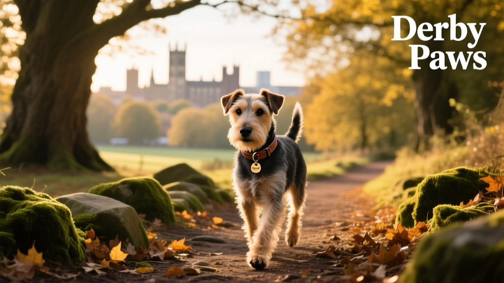 A terrier walking confidently along a sun-dappled woodland path in Derby