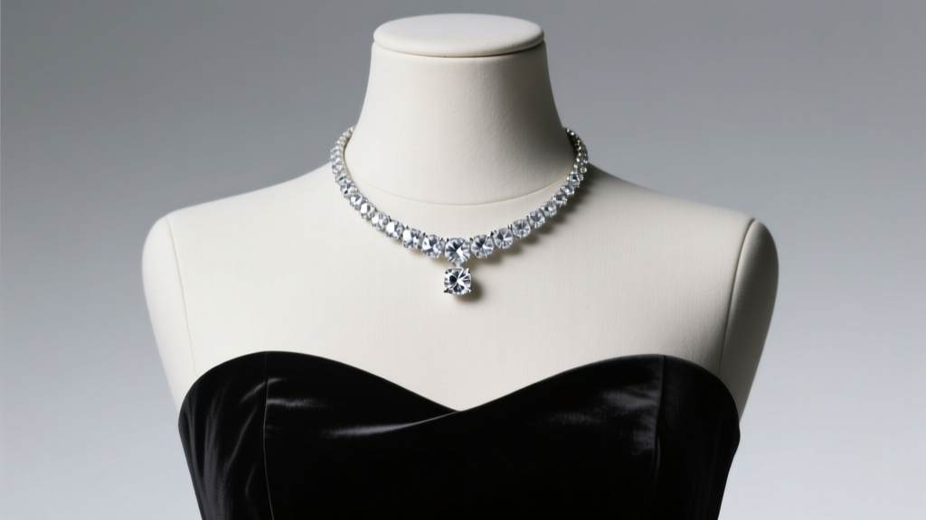 Close-up of a diamond tennis necklace resting on a mannequin wearing a black strapless velvet dress under soft studio lighting